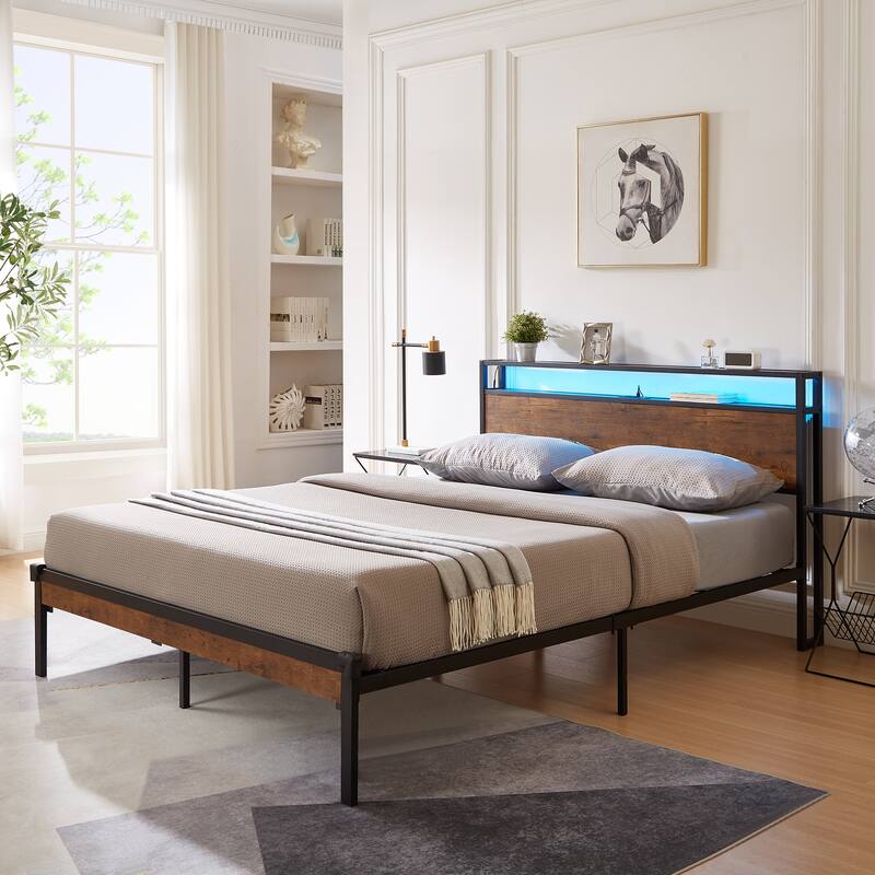 Full Size Metal Platform Bed Frame with Wooden Headboard and Foot board with LED Lights, No Box Spring Needed - Black+Brown