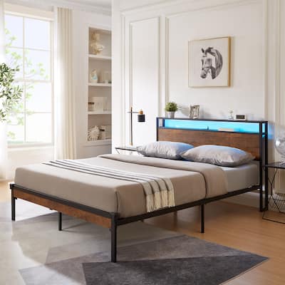 Full Size Metal Platform Bed Frame with Wooden Headboard and Foot board with LED Lights, No Box Spring Needed