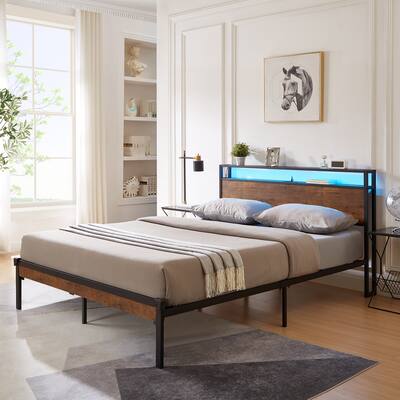 Twin/King/Queen Size Metal Bed Frame with USB Charging Ports, LED Lights, and Large Under-Bed Storage