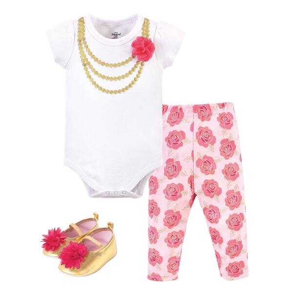 slide 1 of 1, Little Treasure Baby Girl Cotton Bodysuit, Pant and Shoe 3pc Set, Dk. Pink Gold Rose 0-3 Months - Dk. Pink Gold Rose
