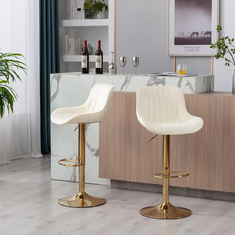Set of 2 Adjustable Swivel Bar Stools, Ivory Velvet with Chrome Footrest & Gold Legs
