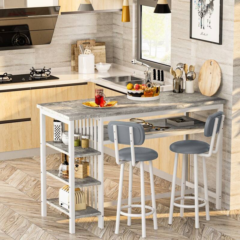 3-Piece Dining Room Table Set with 2 Upholstered Bar Stools, Modern Farmhouse Bar Table Set for 2 with Multiple Tier Shelves - Weathered Gray/White/Gray PU