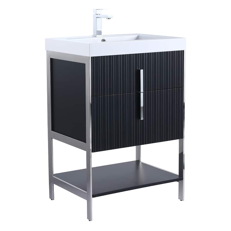 Fine Fixtures Serenity Modern Bathroom Vanity with White Gel Acrylic Top - Black Matte - Chrome Hardware - 24 inch