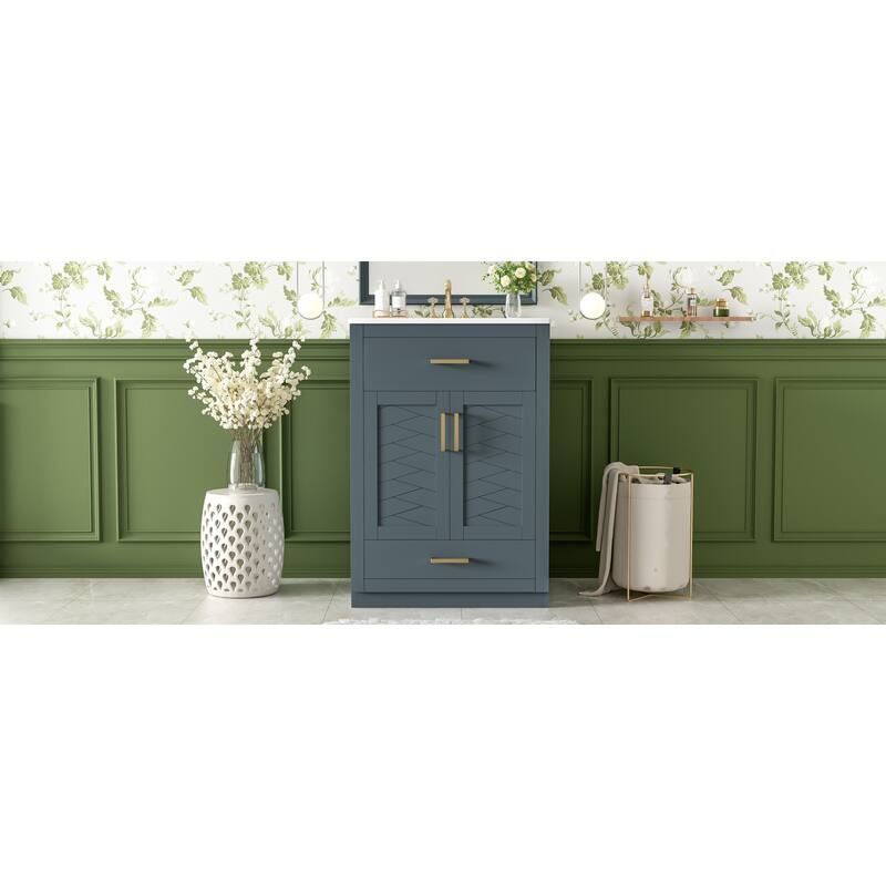 Roomfitters 24 Inch Bathroom Vanity with Integrated Ceramic Sink, Storage Cabinet & Tilt-Down Compartment