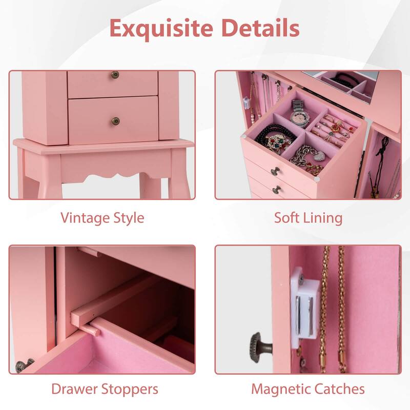 Costway Jewelry Cabinet Storage Chest Standing Organizer Mirror White - See Details