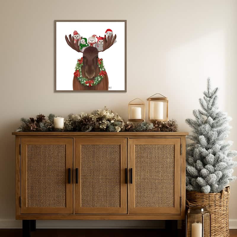Christmas Moose and Christmas Owls Forward by Fab Funky (22 x 22 in.), Framed Canvas Wall Art Print - Sylvie Dark Gold