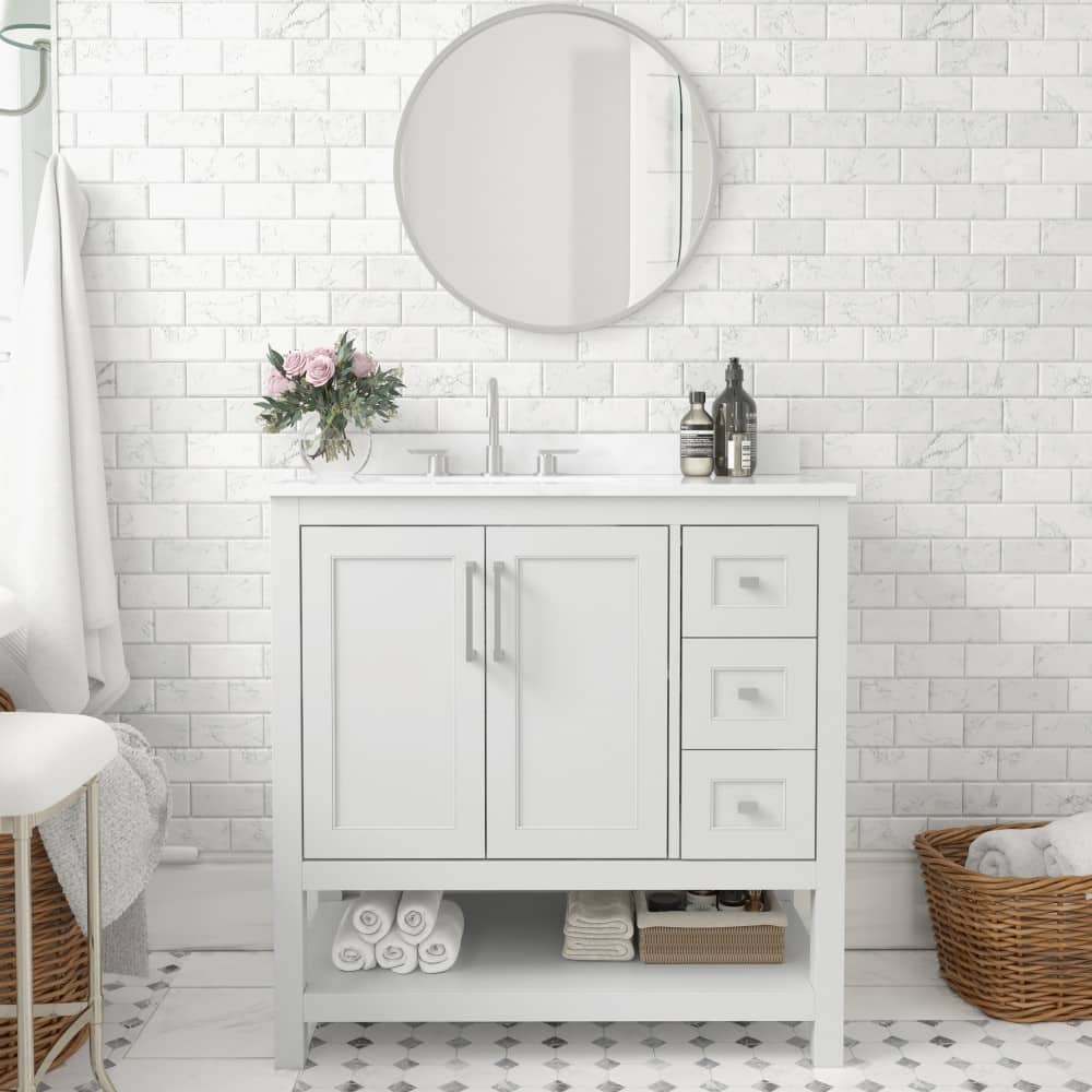 Modern Freestanding Bath Vanity with Sink, Open Storage, and Drawers