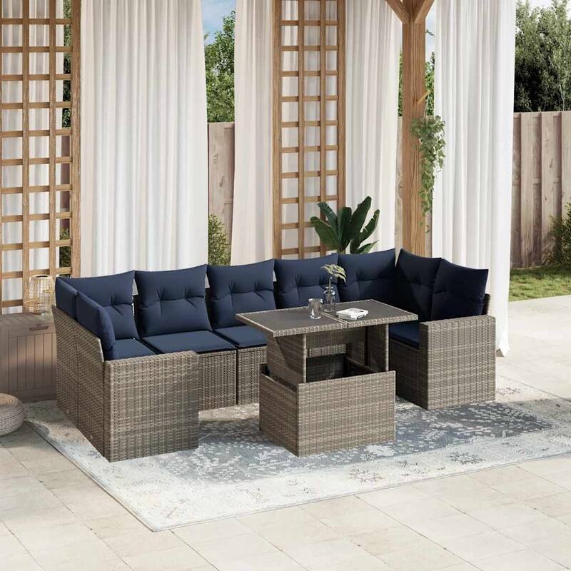 vidaXL Patio Sofa Set with Cushions and Table Outdoor 8 Piece Poly Rattan - 24.4 x 24.4 x 27.2 - Gray without storage