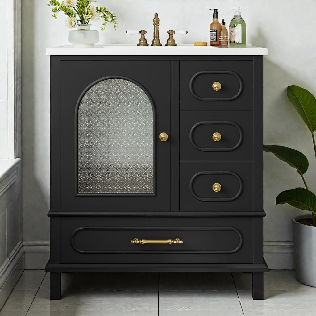 30" Bathroom Vanity with Sink, Freestanding Wood Cabinet with 3 Drawers and Semi-Transparent Door, Single Vanity