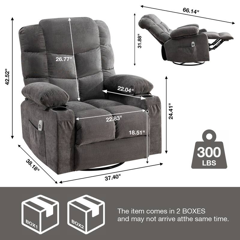 Oversized Manual Massage Rocker Recliner Chair Heat for Adults, Modern Living Room Single Sofa w/Cup Holders & USB Charge Port