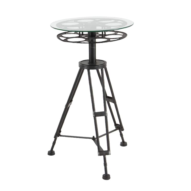 Metal Film Reel Accent Table with Tripod Legs and Glass Top - Black - Roche River Decor - 15"Wx15"Lx25"H