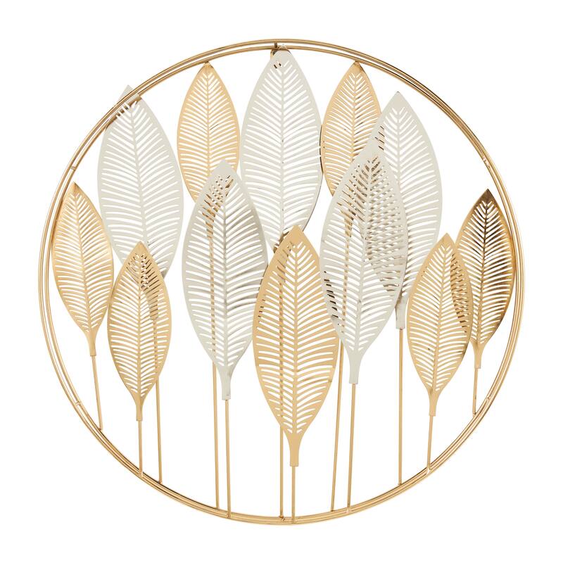 Gold Metal Metallic Leaf Home Wall Decor with Circular Frame and Silver Accents