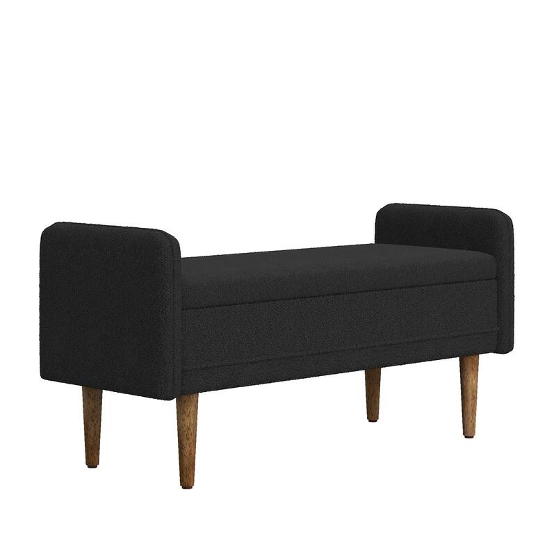 Black Modern 16.75" Upholstered Stool with Storage and Rubber Wood Legs for Living Room
