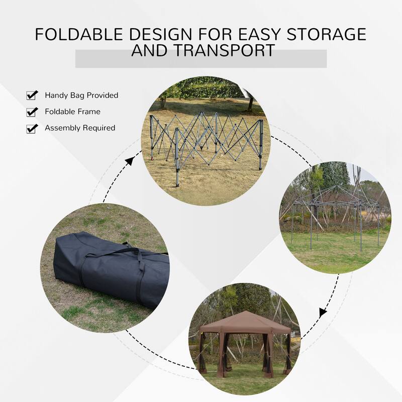 13'x11' Hexagonal Pop Up Gazebo, Canopy Tent with 6 Mesh Sidewall Netting, 3-Level Adjustable Height and Strong Steel Frame