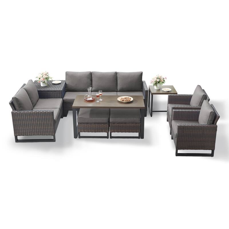 Gymojoy 7-9 Person Outdoor Patio Wicker Conversation Set Group With Armchairs And Ottomans