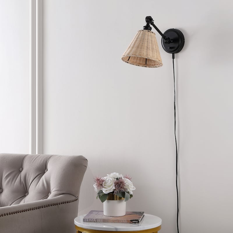SAFAVIEH Lighting Oswynn Wall Sconce (Set of 2) - Black/Natural Rattan - 8"W x 15"D x 10"H