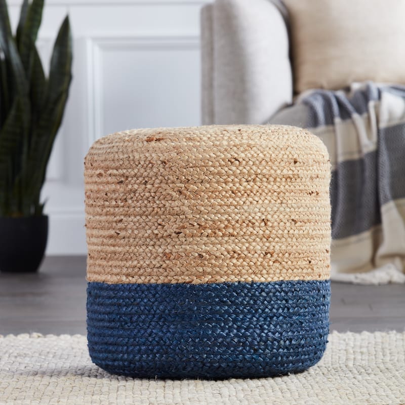 Juniper Home Saba Round Ombre Jute Pouf Ottoman/Foot Stool - Blue/Beige