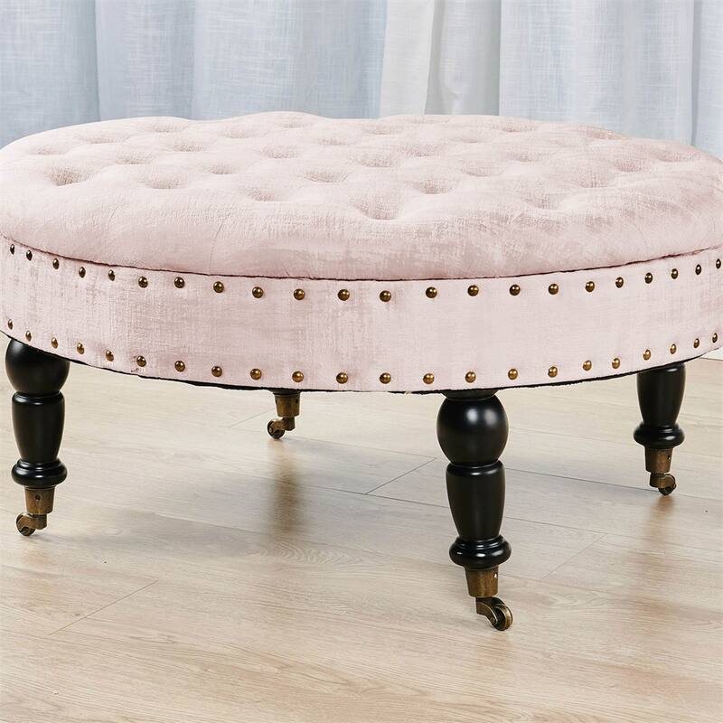 Round Velvet Tufted Coffee Table Ottoman, 34" x 34" x 17" H