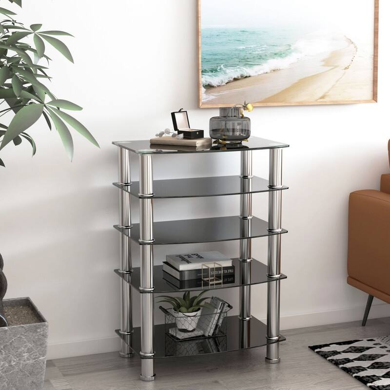 5-Tier Tempered Glass End Table - Black