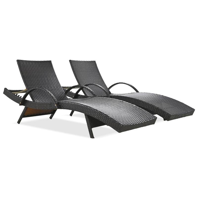 2-piece Outdoor Wicker Chaise Lounge Chairs Set with Pull-out Side Table, Patio Pool Adjustable Reclining Sun Lounger