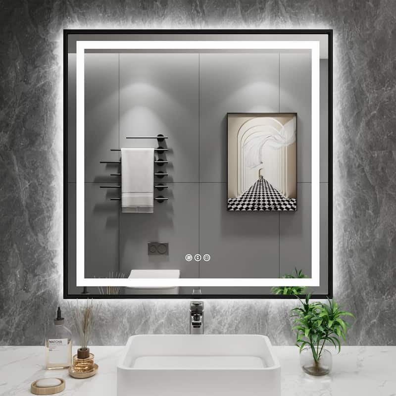 Framed Front & Back LED Lighted Anti-Fog Tempered Glass Wall Bathroom Vanity Mirror - 38" x 38"