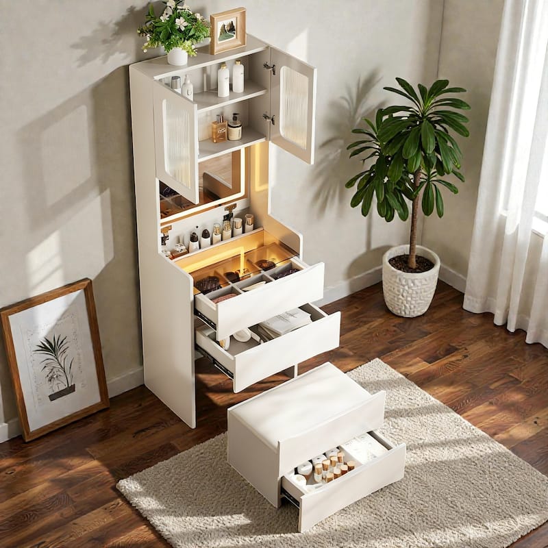 3-in-1 Vanity Table with LED Mirror, Flip-Top Makeup Desk, Storage Stool & Drawers, Adjustable Lighting Organizer