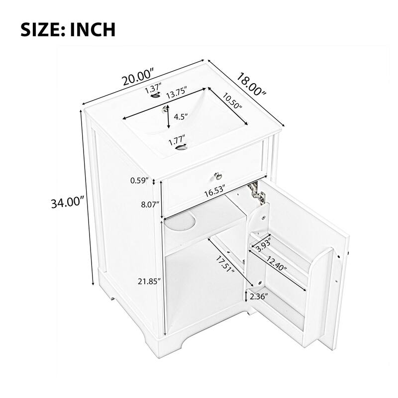 20" Freestanding Bathroom Vanity with Sink, Soft Closing Door, Storage Rack, and Adjustable Shelf
