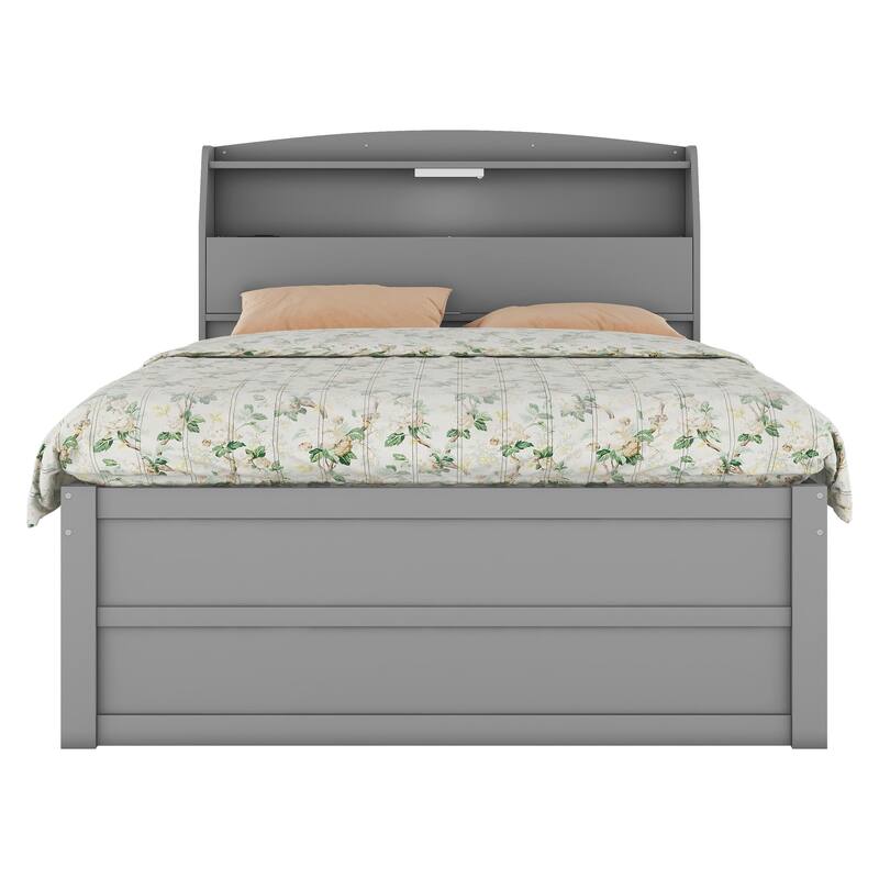 Wooden LED Bed with Trundle and Storage Headboard