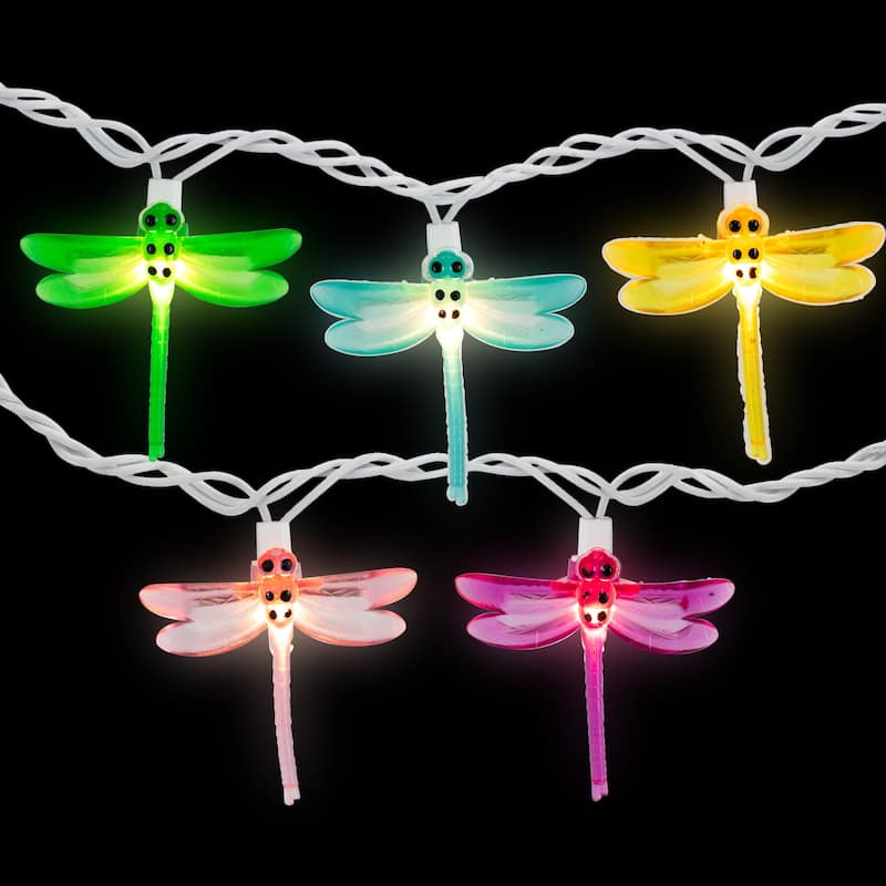 10 Dragonfly Summer Garden Outdoor Patio Lights, 7.25ft White Wire