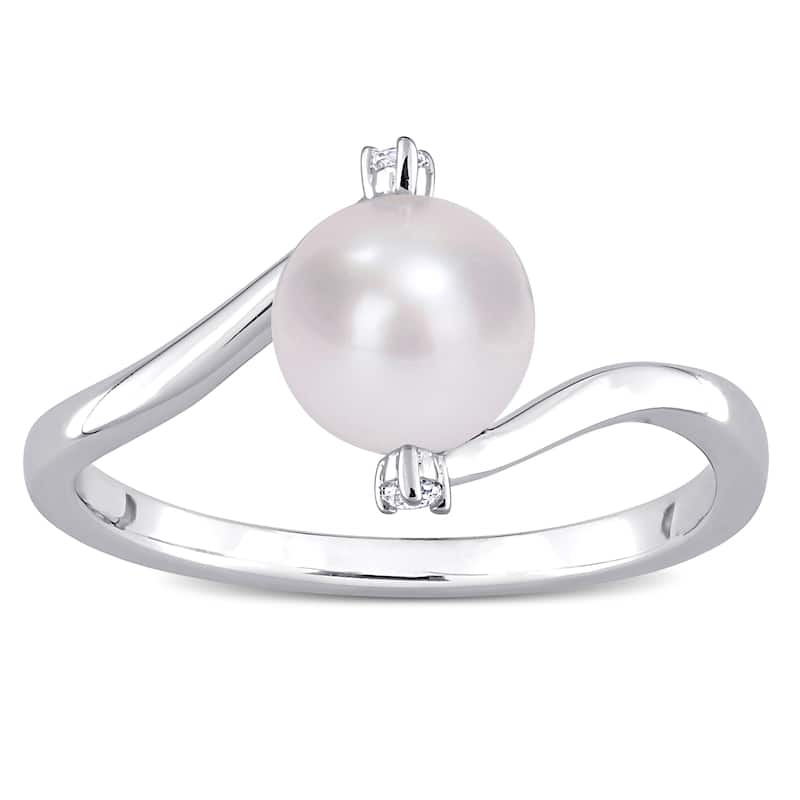 Miadora Sterling Silver Cultured FW Pearl & Created White Sapphire 3-Stone Bypass Ring (7-7.5mm)