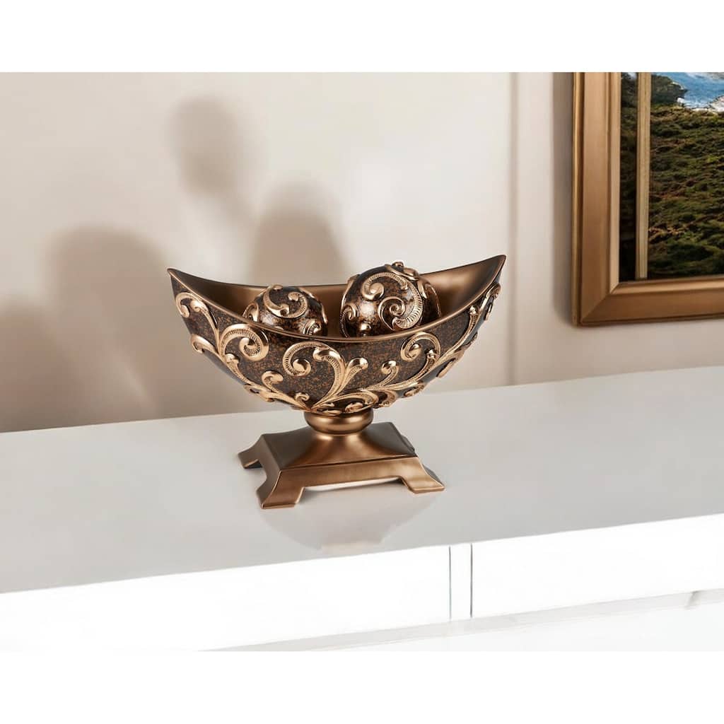 HomeRoots 11" Brown And Gold Polyresin Decorative Bowl With Orbs - 8.13' X '11' X '15.75