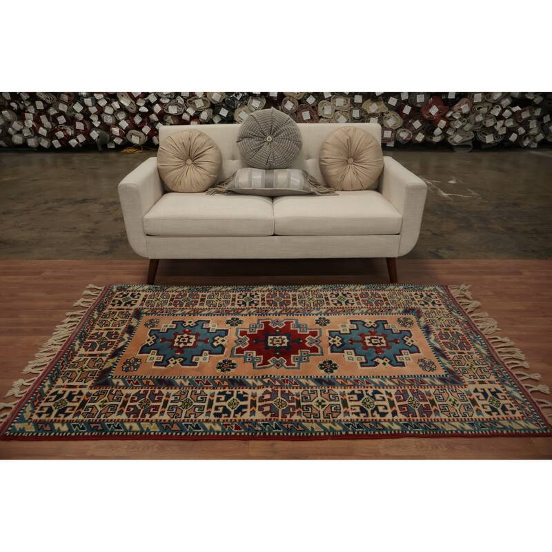 Hand Knotted Oriental 100% Wool Carpet Transitional Geometric Oranges & Rust Anatolian Area Rug - 6' 7'' X 3' 11''