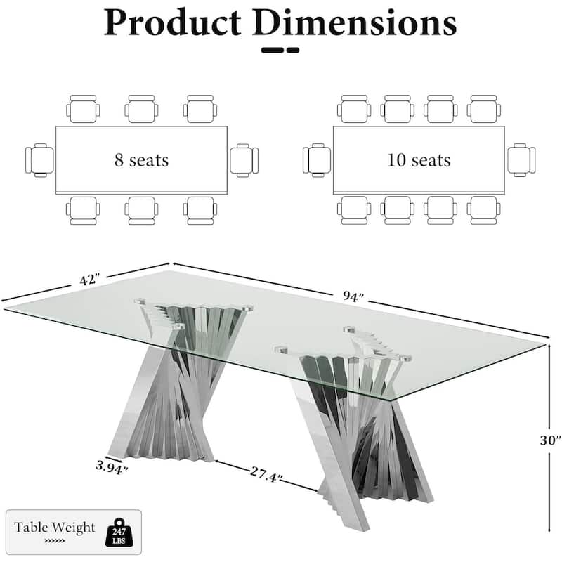 78 inch and 94 inch Glass Dinner Table Falcone Kitchen and Dining Table