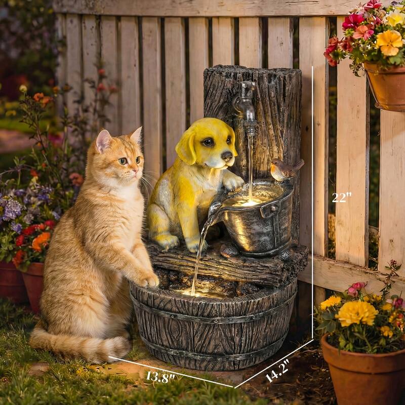 Outsunny 22" Outdoor Fountain with 3-Tier Puppy Theme, Cascading Waterfall Feature with LED Lights and Adjustable Flow