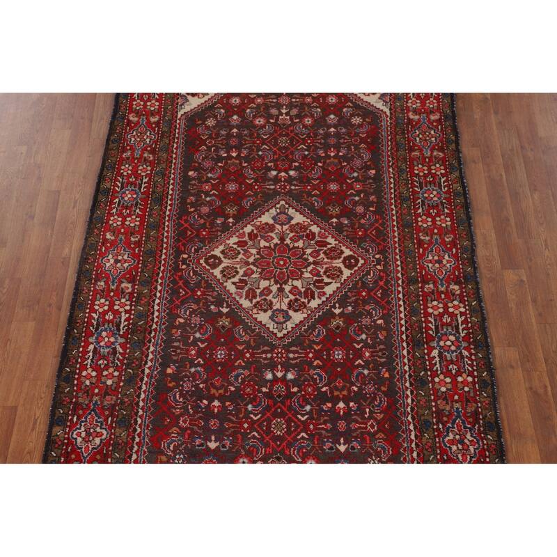 Hamedan Persian Vintage Rug Hand-Knotted Geometric Wool Carpet - 5'1"x 10'3"