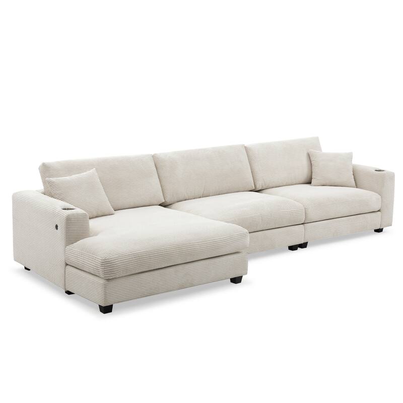 Spacious 4-Seater Corduroy Cloud Couch with Chaise, USB Charging Ports, and Cup Holders