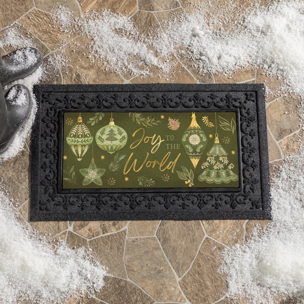 Shades of Green Flcoked Coir Sassafras Mat - "Joy To The World" - 22" x 10"