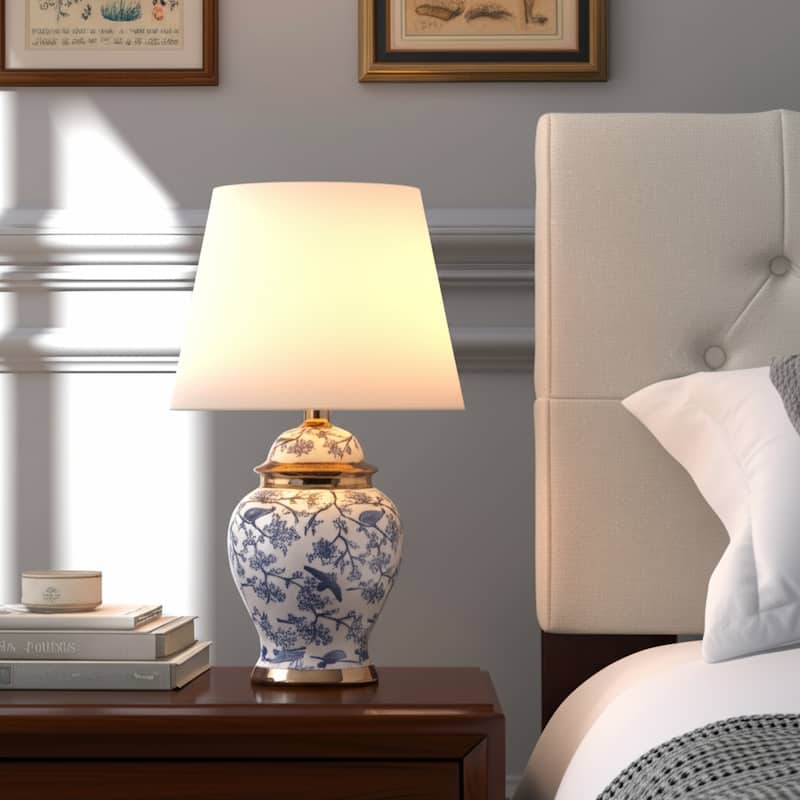 Ceramic Table Lamp Floral Bird Print with Accent Glam Decor - 19" Blue - 12" x 12" x 19"