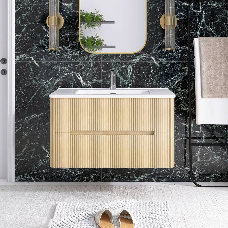 Floating Bathroom Vanity Integrated White Ceramic Sink - Light Oak - 35.82'' x 18.3'' x 20.35''