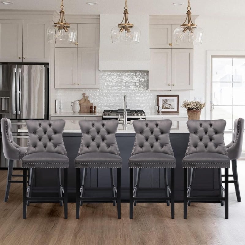 Lennon Wing Back Velvet Tufted Nailhead Barstools (Set of 6)