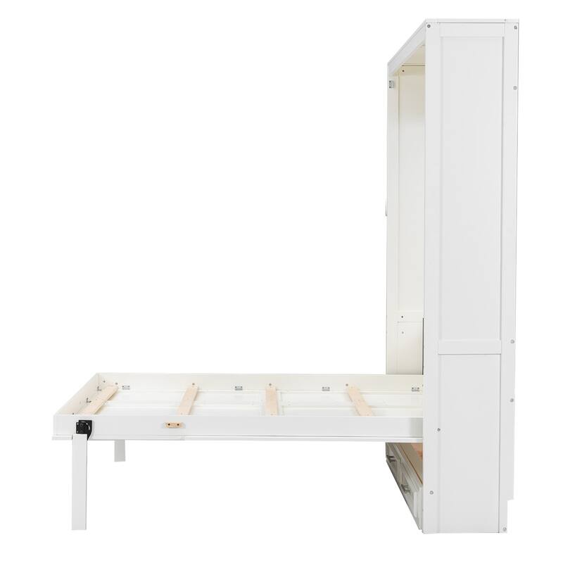 Full Size Murphy Bed with 2 Storage Drawers and Folding Wardrobe, Beige