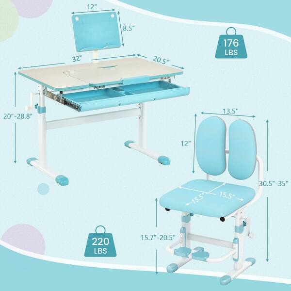 Gymax Kid's Study Desk & Chair Set Height Adjustable with Tilt Desktop