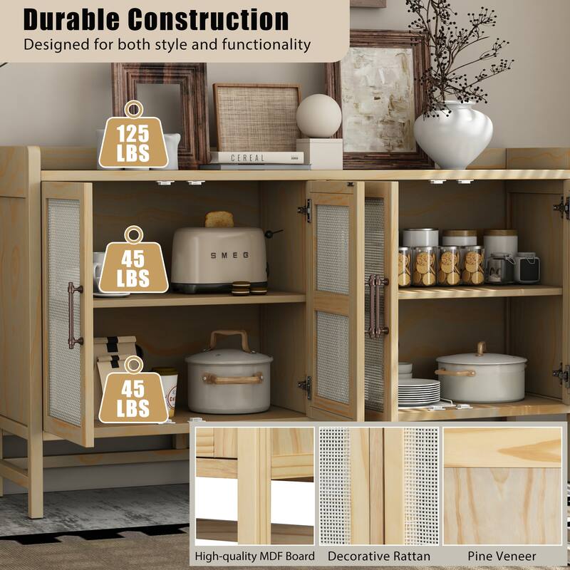 Boho Buffet Sideboard Storage Cabinet with Rattan Decorated Doors, Rattan Accent Cabinet Console Table for Dining Living Room