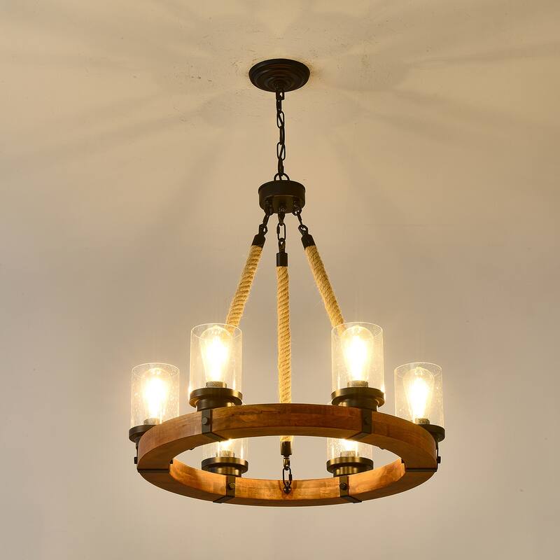 23.62 INCH Round Wood Pendant Light with Seeded Glass Shade, Rustic 6-LightChandelier, (8 Light)--NO INCLUDED BULBS