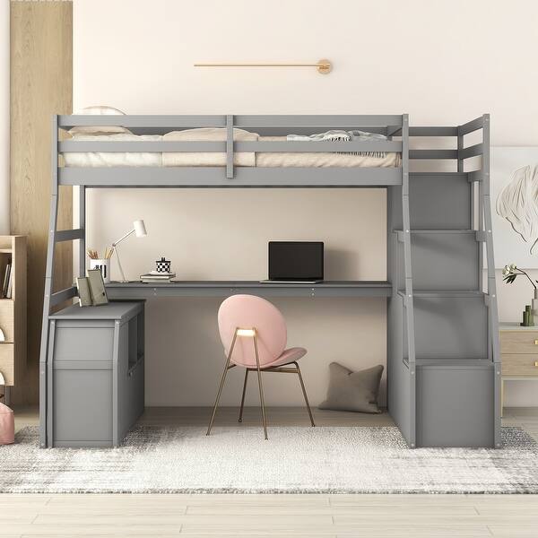 slide 2 of 7, Twin Size Wooden Loft Bed with 7 Storage Drawers & 2 Shelves & Desk Gray