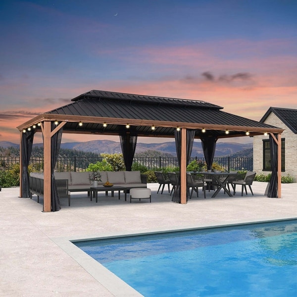 PURPLE LEAF Hardtop Gazebo Galvanized Steel Roof Gazebo Pergola w Wooden  Coated Alumninum Frame and Mosquito Net - On Sale - Bed Bath & Beyond -  37421781