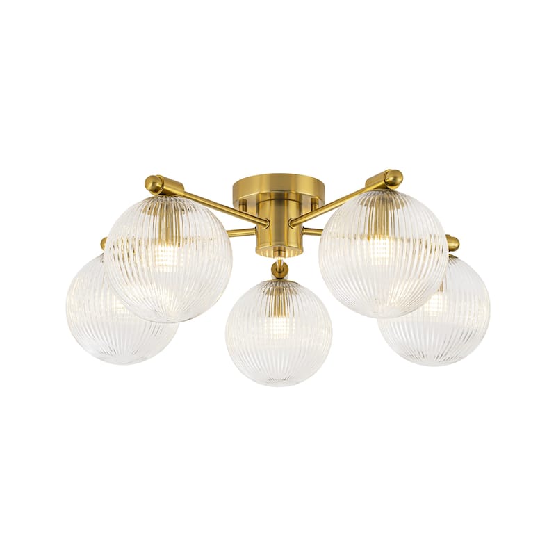 22 in. 5-Light Modern Brass Clear Ribbed Glass Globe Semi-Flush Mount Ceiling Light - 22.05 in. diameter x 8.66 in. height