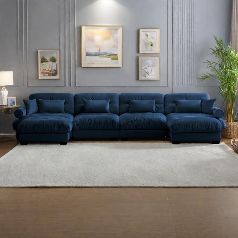 166" 4-Seat Velvet U-Shaped Sectional Cloud Couch with Movable Ottomans, Bolstered Armrests, and Included Pillows - Blue