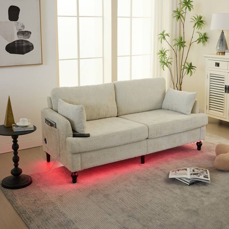 Modern Style Chenille 2-Seater Wood-Legged Sofa With Led Light, Usb Charging Port And Storage Bag Living Room Bedroom Study Room