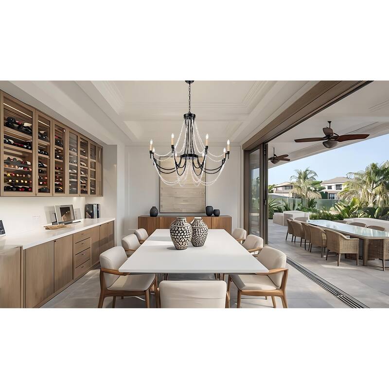 Rustic Beach Chandelier with Wooden Bead Strands | Matte Black 8-Light Dining Room Fixture - Satin Black - Satin Black